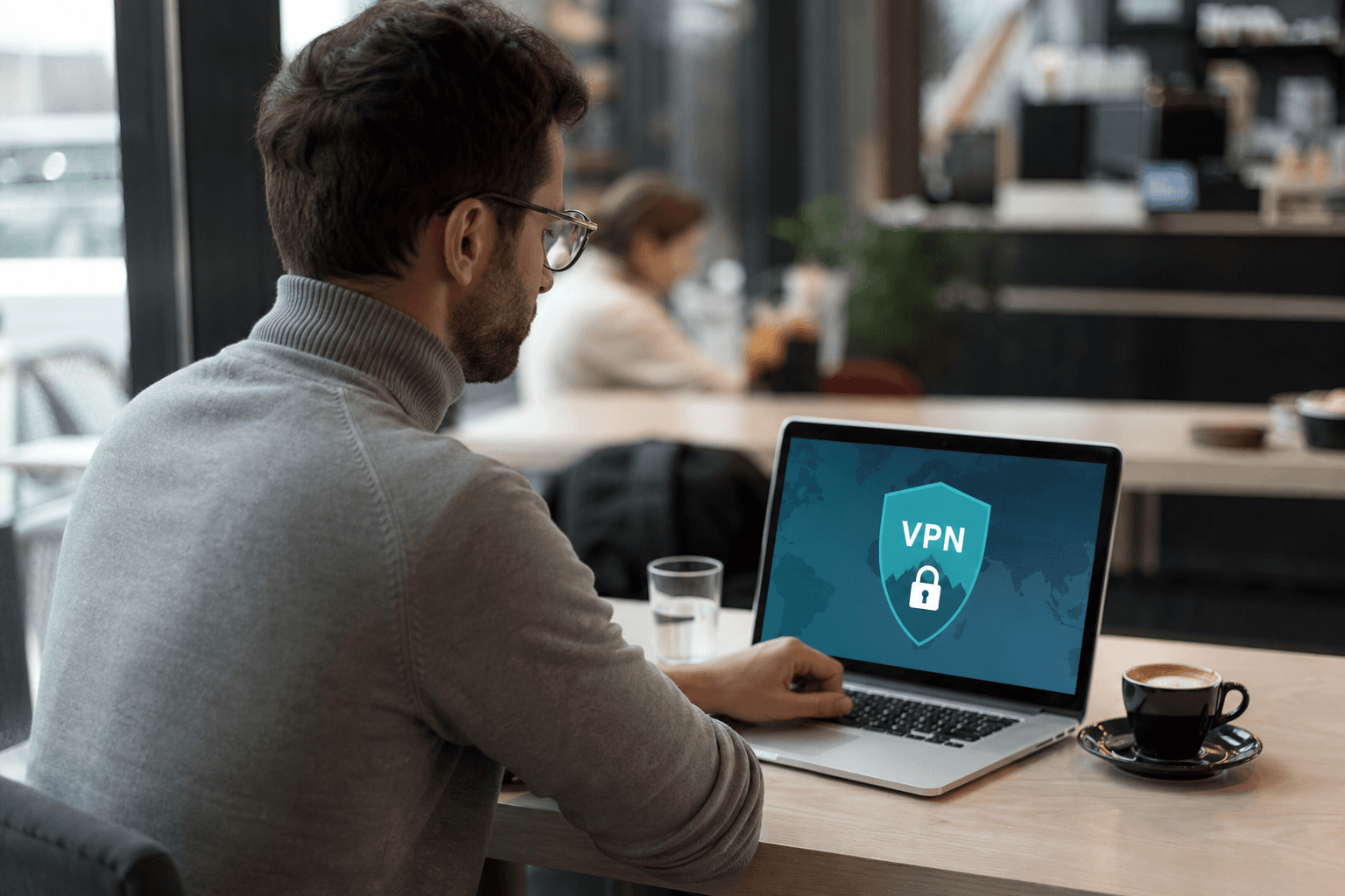 Persoon schakelt VPN uitschakelen tijdelijk uit op smartphone en laptop aan een bureau